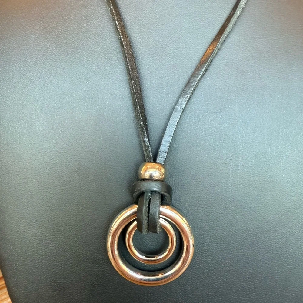 Stainless Steel Modernist Double Circle Pendant Black Leather Cord Necklace